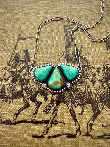 Triple Turquoise Engraved Flower Necklace